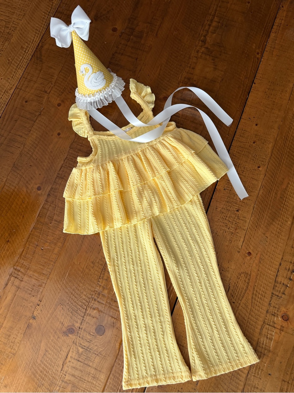 Girls 3T Outfit Yellow Ruffled Knit with Birthday Party Hat